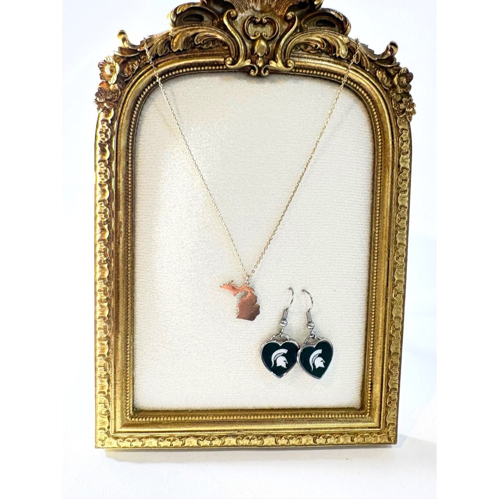 Michigan State University Spartans Earrings & State of Michigan Pendant Necklace